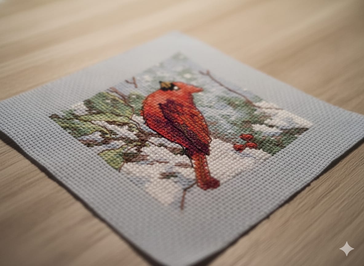 “Red Parrot Cross-Stitch Artwork – Handcrafted Embroidery Décor” (Copy)