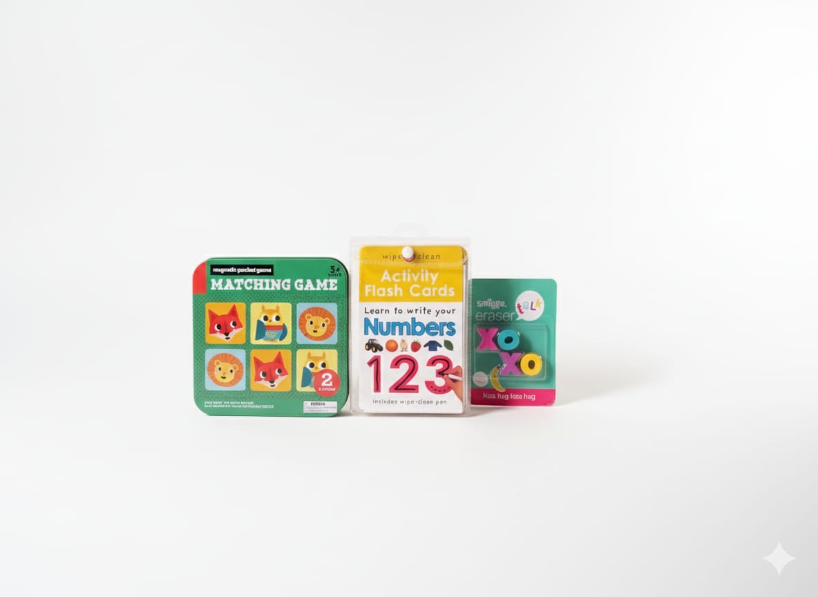 Bundle Title (Premium + Attractive) “Kids Learning & Fun Bundle – Magnetic Pocket Game + Wipe-Clean Flash Cards + Smiggle Eraser” (Copy)