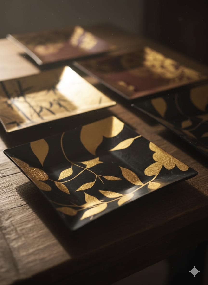 Luxury Decorative Square Plates Set – Black/Gold & Maroon Mix Designs (5-Piece Set) (Copy)
