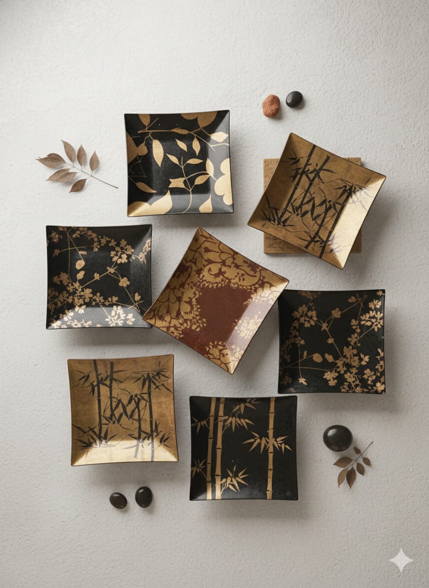 Luxury Decorative Square Plates Set – Black/Gold & Maroon Mix Designs (5-Piece Set) (Copy)