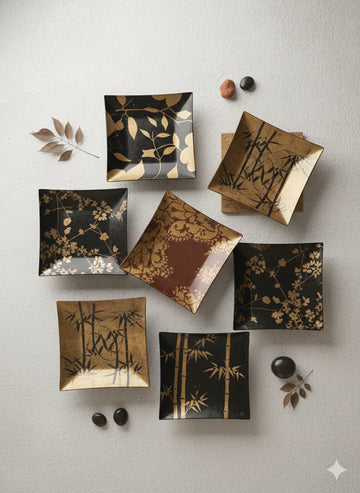 Luxury Decorative Square Plates Set – Black/Gold & Maroon Mix Designs (5-Piece Set) (Copy)